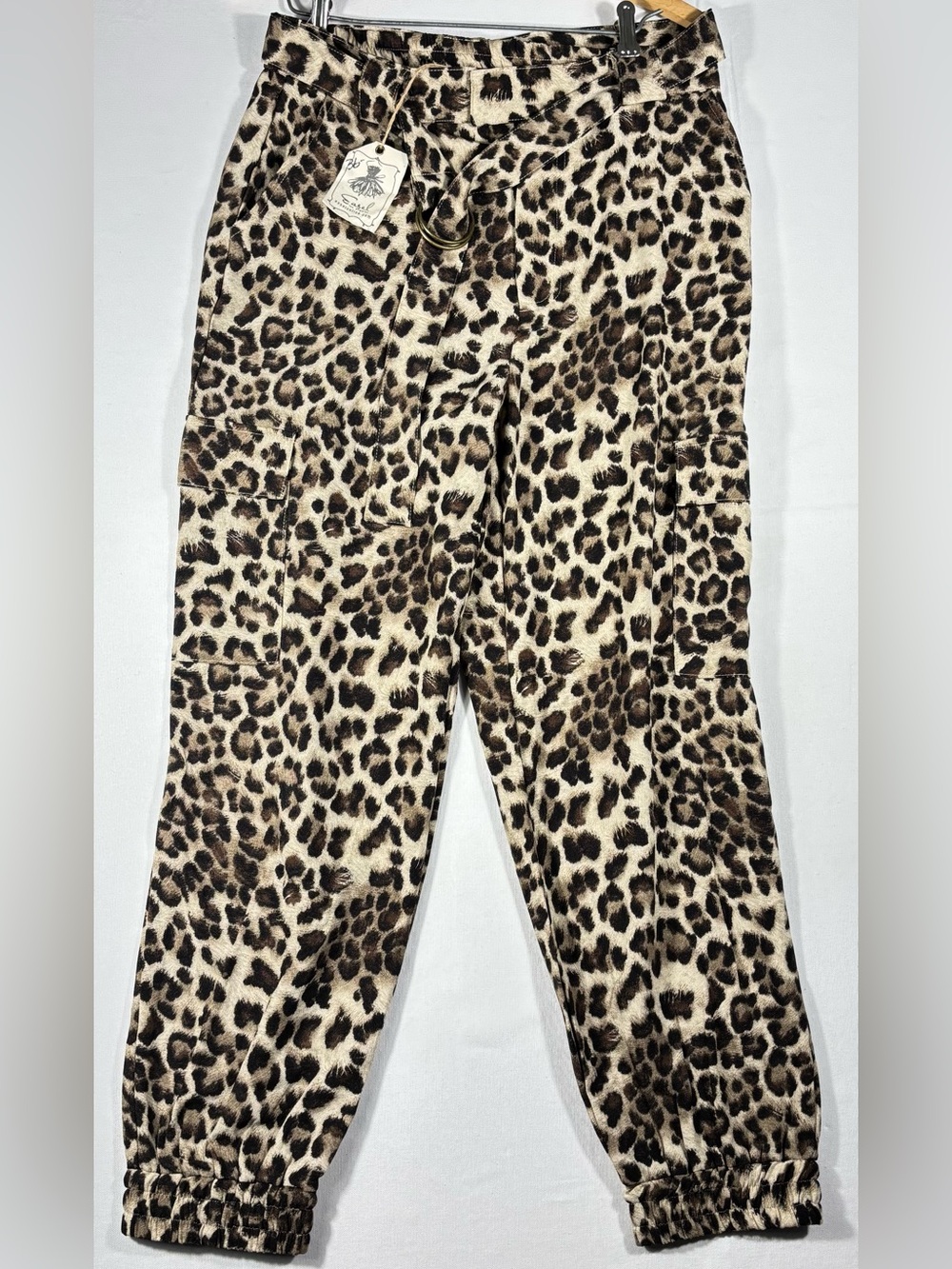 Easel Los Angeles Women’s L Leopard Print Cargo Joggers Brown/Cream Belted
